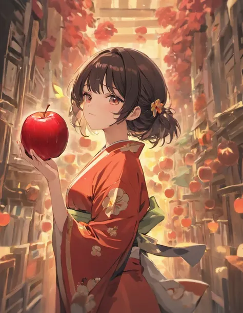 Girl with red apple in hand, anime style 4 k, Detailed Digital Anime Art、A dark-haired、short-cut、Light-colored yukata、Yukata Girls, Summer Festivals、natta、detailed fan art, digital anime illustration