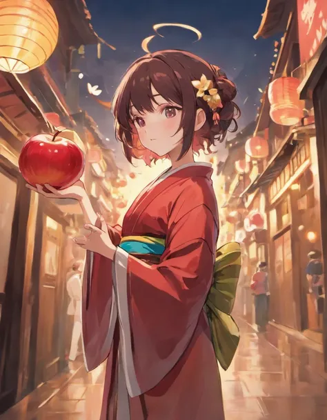 Girl with red apple in hand, anime style 4 k, Detailed Digital Anime Art、A dark-haired、short-cut、Light-colored yukata、Yukata Girls, Summer Festivals、natta、detailed fan art, digital anime illustration