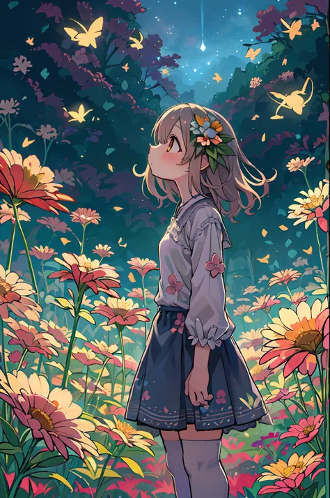 There is a girl standing in a flower field and looking up at the sky, Girl Standing In A Flower Garden, girl walking in flower field, Lost in Dreamy Wonderland, stands in a flowering field, Awesome digital painting, Sky is Xu々It will be sunny to, Starry sk...