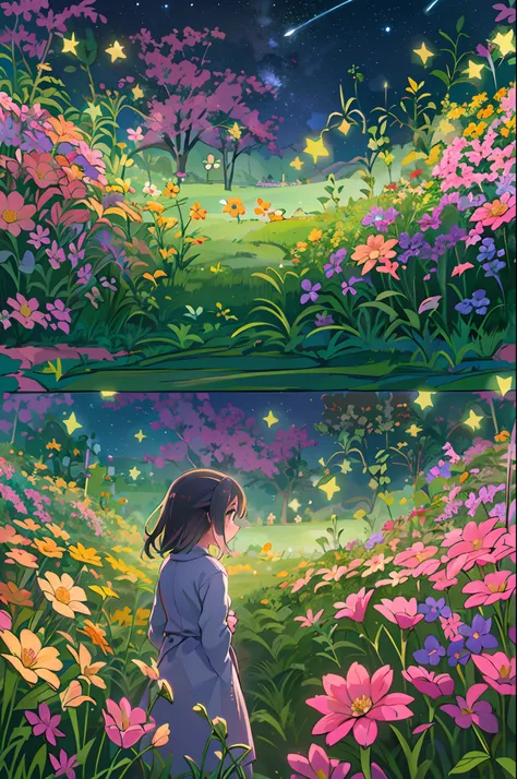 There is a girl standing in a flower field and looking up at the sky, Girl Standing In A Flower Garden, girl walking in flower field, Lost in Dreamy Wonderland, stands in a flowering field, Awesome digital painting, Sky is Xu々It will be sunny to, Starry sk...