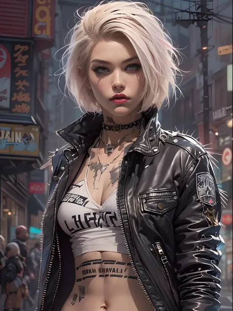 (((of the highest quality: 1.4))),(unparalleled masterpiece ever), (Ultra high definition),(Ultra-realistic 8K CG), offcial art、 (((adult body))), (((1girl in))), ((( Bob Shorthair ))), Punk girl with a perfect body, Jacket with metal spines,Beautiful and ...