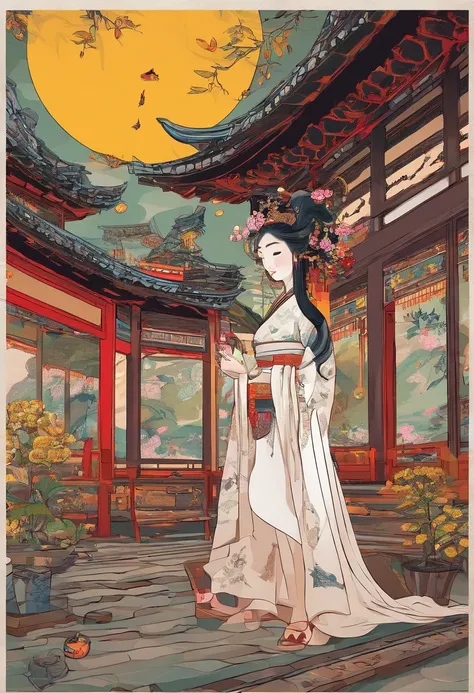 The beauty of China in the Song Dynasty，In front of her was a table，There is a cat under the table。There was a stack of books on the table，pen, ink and paper，Computer：1.2，high-class，big window，lots of plants，There is a moon at night