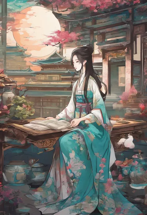 The beauty of China in the Song Dynasty，In front of her was a table，There is a cat under the table。There was a stack of books on the table，pen, ink and paper，Computer：1.2，high-class，big window，lots of plants，There is a moon at night