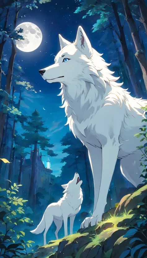 Top image quality、Giant white wolf、tutelary、irate、blue flames、Moon Night、in woods、karo、Pattern