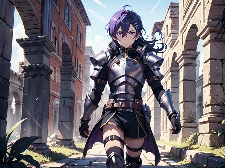 Ultra High Definition, Ultra High Quality, Extremely Detailed, 8k, 1 Boy, Rudeus Greyrat From Mushoku Tensei Anime, Handsome, Armored With War General Armor, Pure Purple Pupil Eyes, Long Haired Tied With Chinese Hairpin, Body To Legs Body Shot, Ancient Rui...