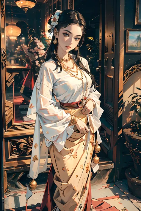 (best quality,4k,8k,highres,masterpiece:1.2),ultra-detailed,(realistic,photorealistic,photo-realistic:1.37), MMTD Burmese patterned traditional dress, beautiful lady wearing the dress, detailed eyes and face, long eyelashes, wear pearl necklaces and gold b...