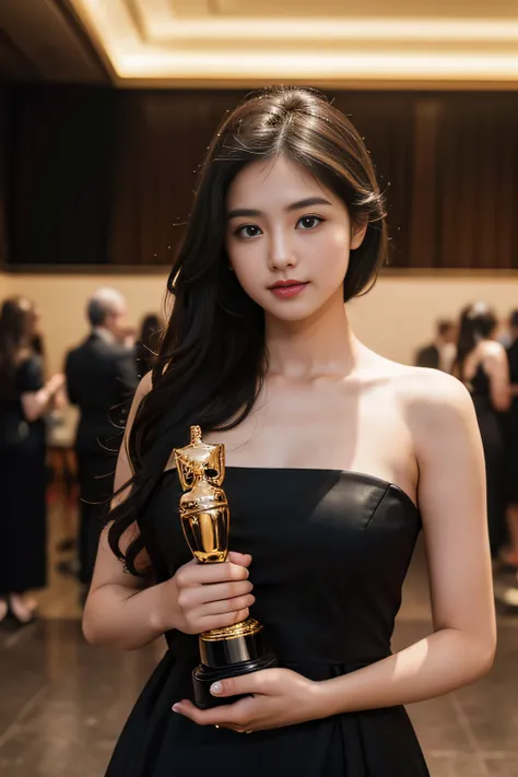 a girl hug a award in event,25 years old, wearing black dress,whiteskin,beautiful high detail face,8k,masterpiece,professional,high resolution,ultra realistic photo,look down