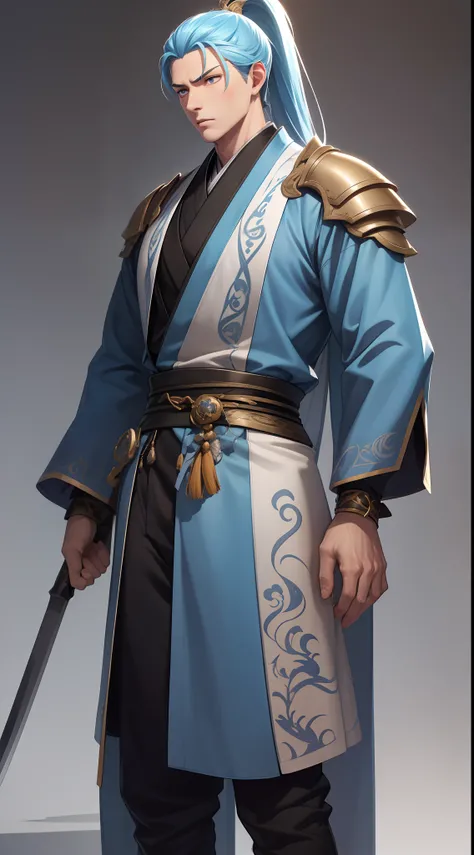 quadratic element，style of anime，mtu（Male Warrior），The proportions are correct，Face details，swordsmen，High ponytail hairstyle，Neck details，There is an Adams apple，Blue suit，kaftan，long blue robes，clothes details，Handing over，longer sleeves，Game quality，Swo...