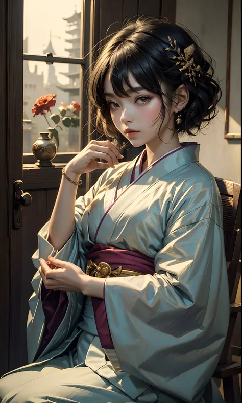 ((top-quality、​masterpiece:1.3))、sharp:1.2、Perfect Body Beauty:1.4、((Layered hairstyle))、(Kimono:1.1)、(shrines:1.2)、Highly detailed facial and skin texture、Detailed eye、二重まぶた、((short-length hair))、boyish、Cool、((unisex))、big eye、bangss、((One Woman))、Black e...