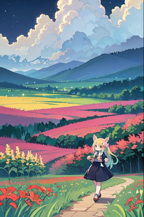 There is a girl standing in a flower field and looking up at the sky, Girl Standing In A Flower Garden, girl walking in flower field, Lost in Dreamy Wonderland, stands in a flowering field, Awesome digital painting, Sky is Xu々It will be sunny to, Starry sk...