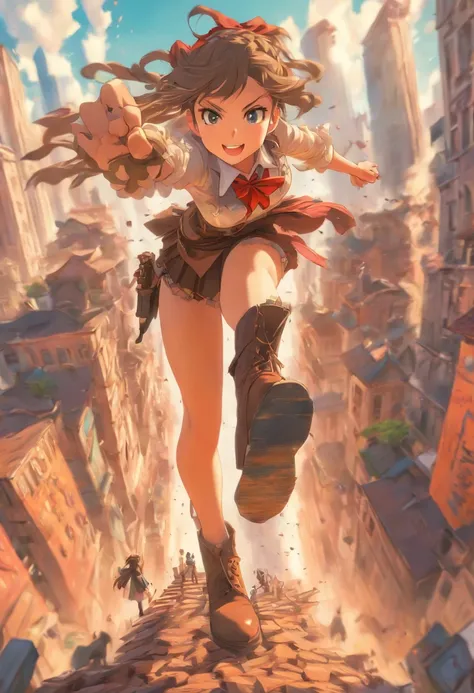 giantess girl stomping a tiny city,wildwest,schoolgirl