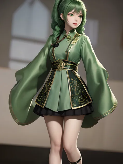 1girl,moyou,full body,black background,characters are full of composition, green hair, green eyes,