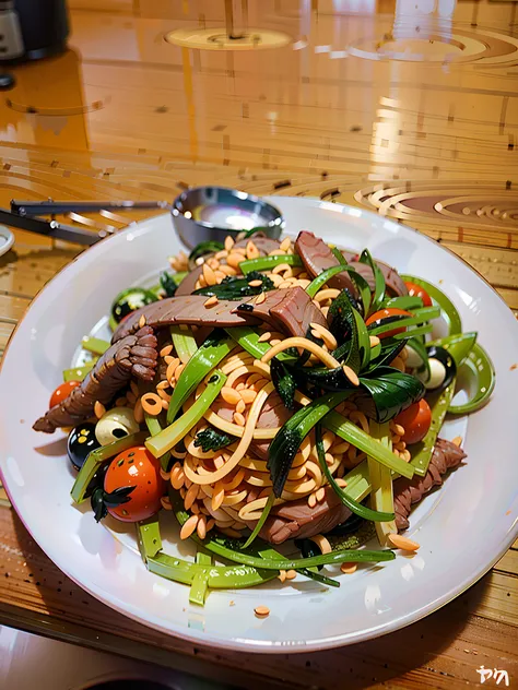 araffy asian food on a white plate with a spoon, in style of pan ren wei, yummy, in style of thawan duchanee, wok, shan shui, bao pnan, taken with sony alpha 9, chinese, tang mo, healthy, hua cheng, beef, closeup at the food, cooked, patiphan sottiwilaipho...