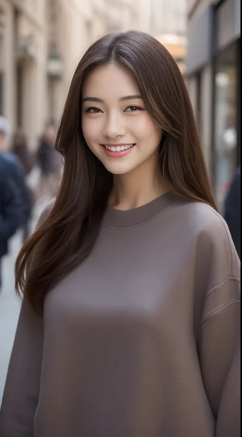 (top-quality、hight resolution、​masterpiece:1.3)、Beautuful Women、huge tit、slim figure、(short dark brown hair)、sweatshirt、Beautifully expressed details in the street, face and skin texture、A detailed eye、二重まぶた、big eye,a smile