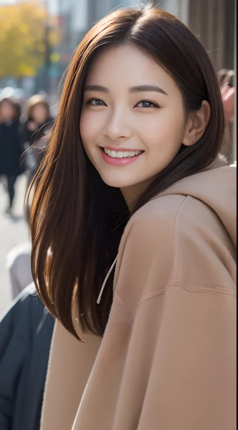 (top-quality、hight resolution、​masterpiece:1.3)、Beautuful Women、huge tit、slim figure、(short dark brown hair)、sweatshirt、Beautifully expressed details in the street, face and skin texture、A detailed eye、二重まぶた、big eye,a smile