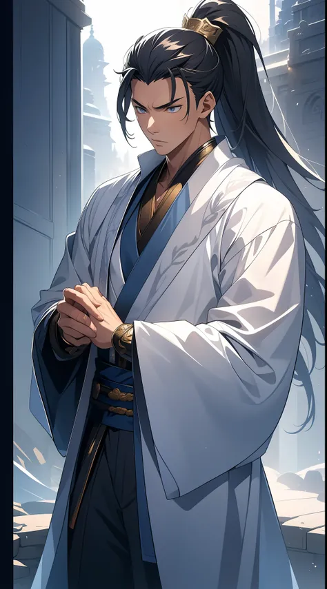 quadratic element，style of anime，mtu（Male Warrior），The proportions are correct，Face details，swordsmen，High ponytail hairstyle，Neck details，There is an Adams apple，Blue suit，kaftan，long blue robes，clothes details，Handing over，longer sleeves，Game quality，Swo...