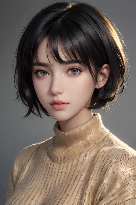 (masterpiece:1.3), (8k, photorealistic, RAW photo, best quality: 1.4), (1girl), beautiful face, (realistic face), (black hair, short hair:1.3), beautiful hairstyle, realistic eyes, beautiful detailed eyes, (realistic skin), beautiful skin, (sweater), absur...