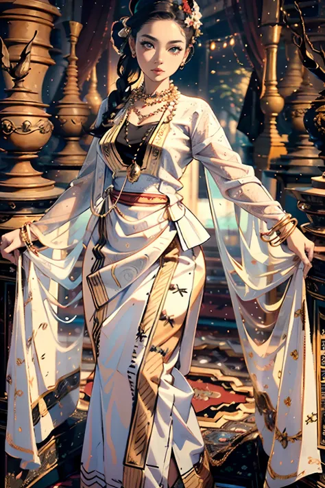 (best quality,4k,8k,highres,masterpiece:1.2),ultra-detailed,(realistic,photorealistic,photo-realistic:1.37), MMTD Burmese patterned traditional dress, beautiful lady wearing the dress, detailed eyes and face, long eyelashes, wear pearl necklaces and gold b...