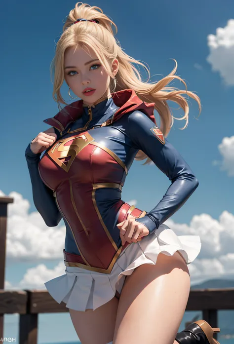 4k, realistic, charismatic, very detailed, there is a girl in the sky, dressed in a super girl costume, she is a super girl, superhero theme, blonde short hair, ponytail, 20 years, full body, (detail in the eyes), (detail in the face), incredibly beautiful...