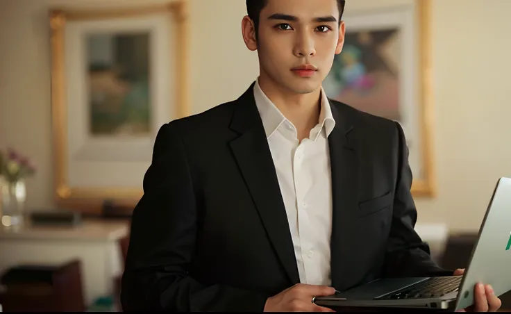 Man in suit holding a laptop in his hand, bonito e elegante, homem bonito, Streamer do Twitch / Jogador Ludwig, muito bonito, wearing a strict business suit, wearing business suit, Wearing Black Business Suit, youtube video screenshot, Jacob Gazmercik, hom...