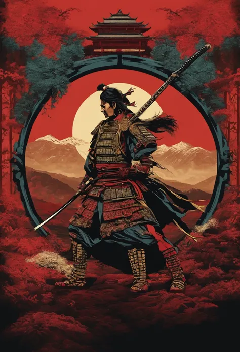 samurai escrevendo, retro cberpunk design