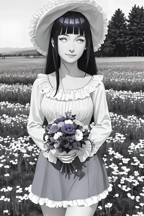 masterpiece, best quality, 1girl, solo, long_hair, looking_at_viewer, smile, Blunt Bangs, purple eyes, dark blue hair, skirt, shirt, long_sleeves, hat, dress, bow, holding, closed_mouth, flower, frills, hair_flower, petals, bouquet, holding_flower, center_...