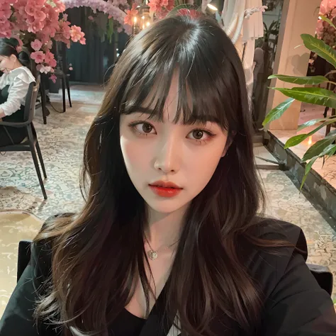 Arapei woman with long hair and red lipstick poses for a photo, ulzzangs, With bangs, tidy hair，By bangs, lalisa manobal, headshot profile picture, Korean girl, She has black hair，By bangs, with full bangs, long whitr hair，Thick bangs, Long hair with bangs...