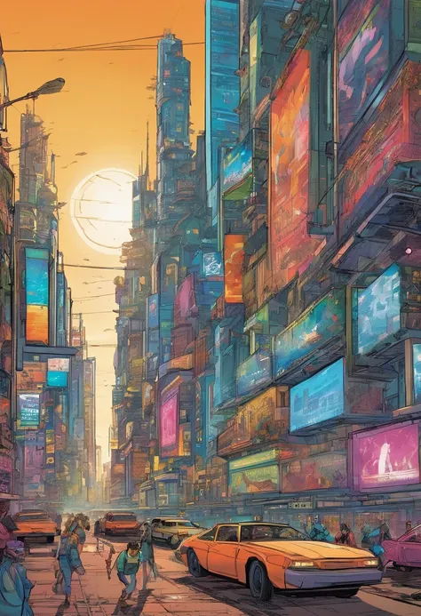 bustling futuristic city. Skyscrapers adorned with holographic billboards stretch towards the sky. People, both human and robot, move briskly along the streets. The atmosphere hums with a harmonious blend of human chatter and the whirring of robots.