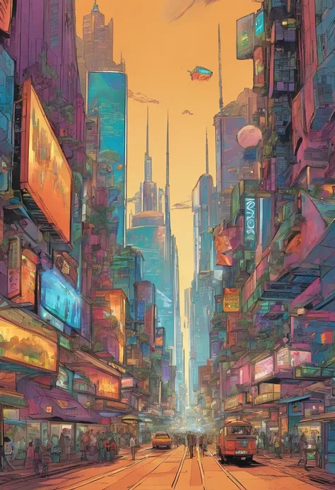 bustling futuristic city. Skyscrapers adorned with holographic billboards stretch towards the sky. People, both human and robot, move briskly along the streets. The atmosphere hums with a harmonious blend of human chatter and the whirring of robots.