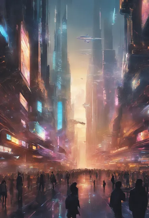 bustling futuristic city. Skyscrapers adorned with holographic billboards stretch towards the sky. People, both human and robot, move briskly along the streets. The atmosphere hums with a harmonious blend of human chatter and the whirring of robots.]