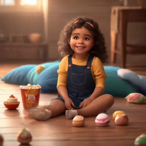 fofo, 可爱, menina preta sorridente no vestido, sitting on the floor, comer sorvete, com doces voando ao seu redor, Pixar, Disney, Cinema lighting, Jogos, 8k, Magic, amor