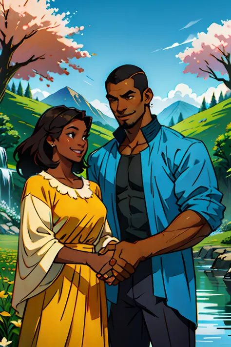 A dark skinned man and woman, shaking hands in agreement, smiling, hand in hand, background is springtime hills, mood is diplomatic, regulated, daytime light, character design.