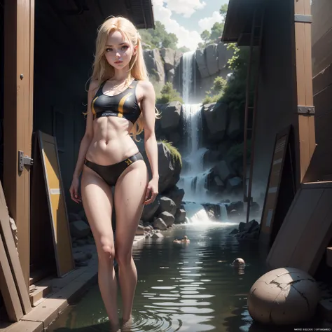 Ukrainian girl bathing at a waterfall , Background is the deck of an aircraft carrier and a fighter,Ukrainian anime girls , , Ukraine ,  Full body composition of young girl with messy bright blonde hair, eye make up, 13 year old,  Soft lighting, Solo, Old ...