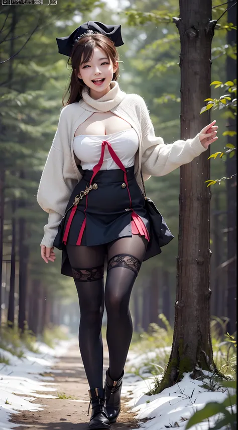 tmasterpiece，Game CG quality，15 year old girl，Walk in the forest in winter，cheerful big breasts，(((Laughing))), long whitr hair, Attention on Girls，Dance。