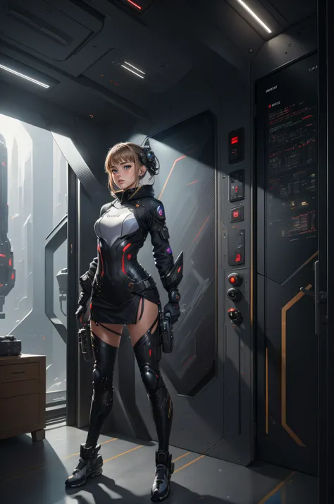 （Small chest）0.2，tmasterpiece，best qualtiy，ultra - detailed，very detailed illustration，The is very detailed，Complicated details，A high resolution，Very detailed 8k CG wallpaper，Handsome，one-girl，Futuristic clothing，Wear futuristic shoes，There is a sense of ...