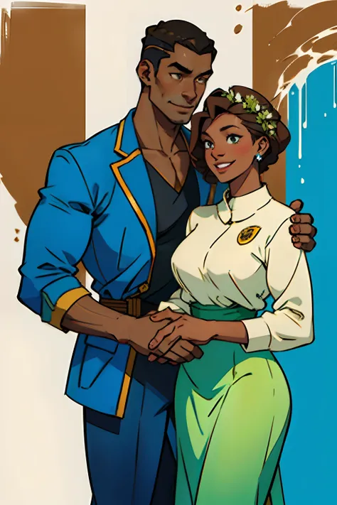 A dark skinned man and woman, shaking hands in agreement, smiling, hand in hand, background is springtime hills, mood is diplomatic, regulated, daytime light, character design.