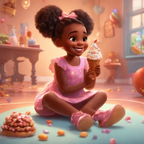 cute, adorable, black girl, smiling in a dress, sitting on the floor, eating ice cream, with sweets flying around her, Pixar, Disney, cinema light, Games, 8k, Magic, love