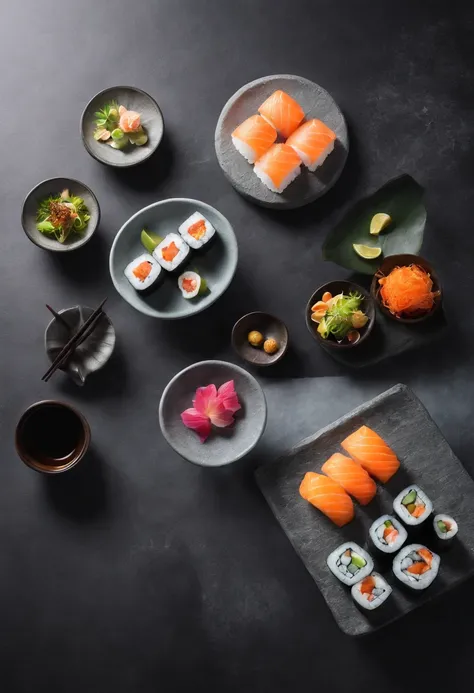 japanese sushi，Place on a marble table，Dark tone，lightand shade contrast，Zen background，Japanese courtyard