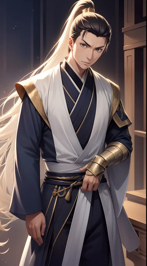 quadratic element，style of anime，mtu（Male Warrior），The proportions are correct，Face details，swordsmen，High ponytail hairstyle，Neck details，There is an Adams apple，Blue suit，kaftan，long blue robes，clothes details，Handing over，longer sleeves，Game quality，Swo...