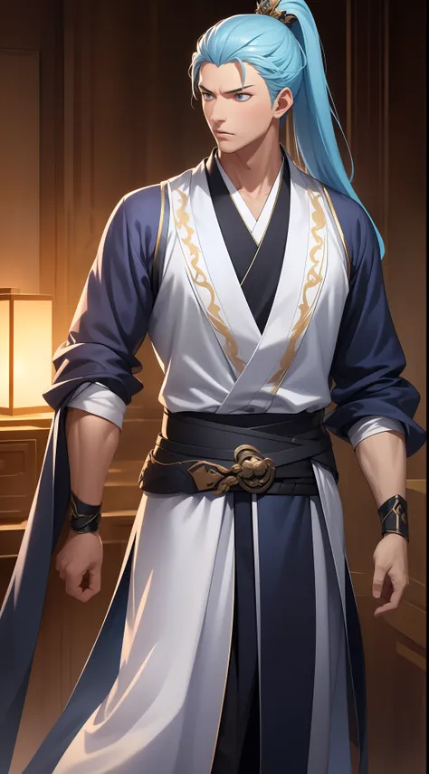 quadratic element，style of anime，mtu（Male Warrior），The proportions are correct，Face details，swordsmen，High ponytail hairstyle，Neck details，There is an Adams apple，Blue suit，kaftan，long blue robes，clothes details，Handing over，longer sleeves，Game quality，Swo...