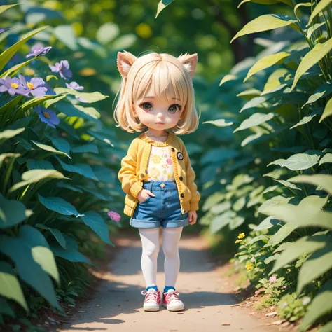 Cute Baby Chibi Anime,Beige hair,White knitwear,(Blue Denim Shorts:1.1)with  the(Yellow pantyhose:1.2),florals,Royal Botanic Gardens,White sneakers.