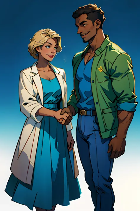 A dark skinned man and woman, shaking hands in agreement, smiling, hand in hand, background is springtime hills, mood is diplomatic, regulated, daytime light, character design.