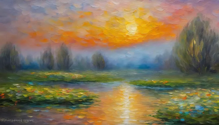 Monets Pond、A fish jumps out of the dim light，Colors are eye-catching，sharp、The Milky Way is visible