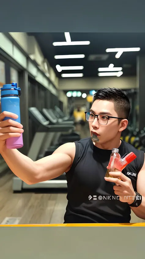 there is a man holding a bottle and a water bottle in his hand, in a gym, inspired by Ding Yunpeng, ren heng, li zixin, shot on nikon z9, yanjun chengt, workout, fanart, photo taken with nikon d 7 5 0, photo taken with nikon d750, by Kanbun Master, on amin...