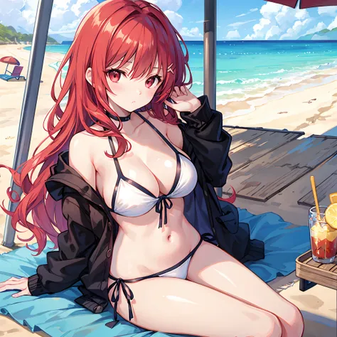 Wavy red hair、red eyes、Beautiful girl alone、The bikini、sitting on、gravure、the beach