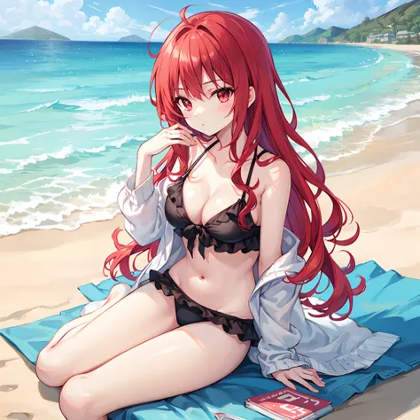 Wavy red hair、red eyes、Beautiful girl alone、The bikini、sitting on、gravure、the beach