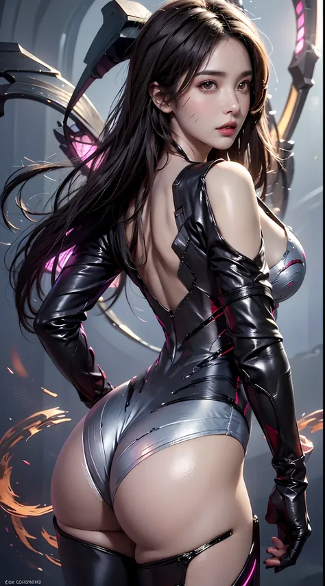 photorealistic, high resolution, 1women, mature female, solo, hips up, long hair, facial mark, bodysuit, skintight, cleavage, black hair, collarbone, parted lips, weapon, void wings, kaisa, back view