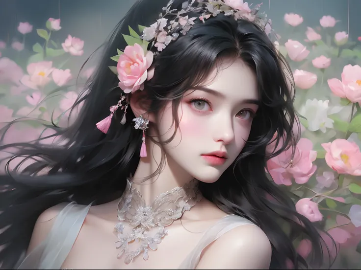 1 flat-chested girl，closeup of face，Black color hair，floated hair，Hazy beauty，Extremely beautiful facial features，Light gauze texture embroidered dress，Breezy soft gauze dress，Surrounded by flowers，Surrounded by flowers，White flowers，Pink flowers，A flower ...