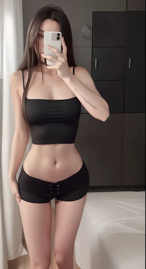 Alafeld woman taking a selfie in a black top and black shorts, Sexy body, sexy body and sexy abdomen, Slender waist, Sexy hot body, Thin waist, photo of slim girl, Her navel was exposed, skinny waist and thick hips, fit dainty figure, photo of slim girl mo...