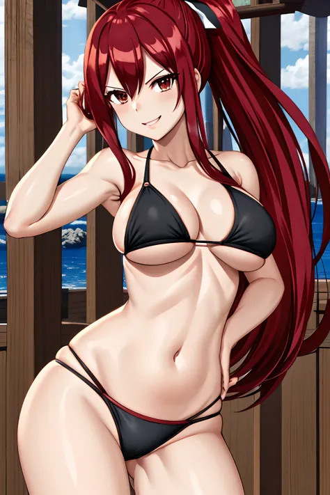 masterpiece, best quality, highres, fairy tail, 1girl, long hair, red hair, ponytail, black ribbon, hair over one eye, brown eyes, large breasts, collarbone, midriff, black bikini, standing, , outdoors, smile, open mouth